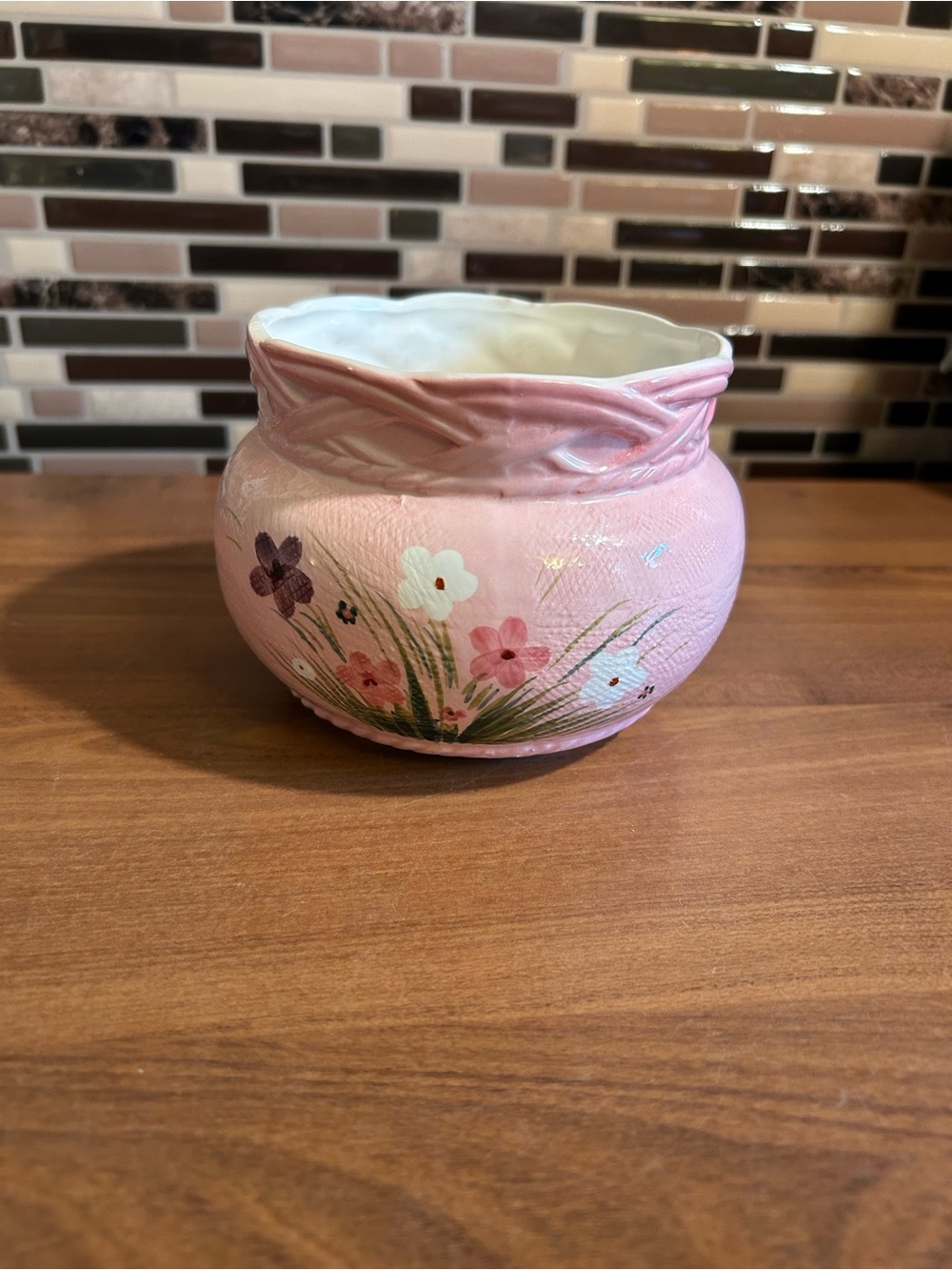 Vintage Pink Floral Ceramic Vase Bowl Planter